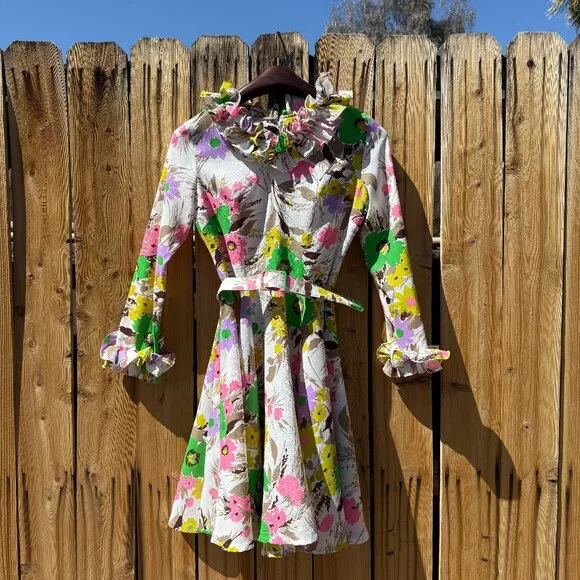 Vintage Fit Flare Long Sleeve 60s 70s Mr Bob Bright Floral Belted Ruffle  Dress Long Sleeve
